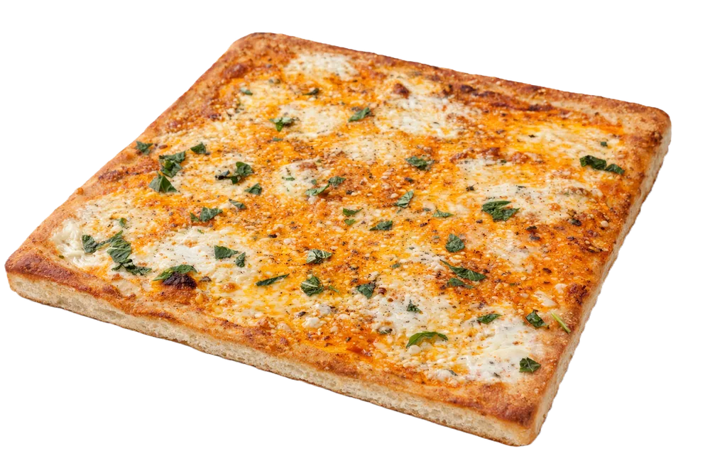 Master Pizza square pizza with melted cheese and fresh herbs