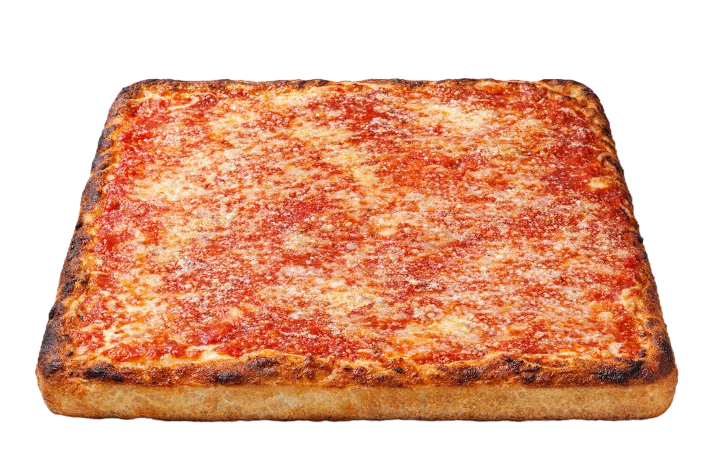Master Pizza upside-down pizza topped with tomato sauce